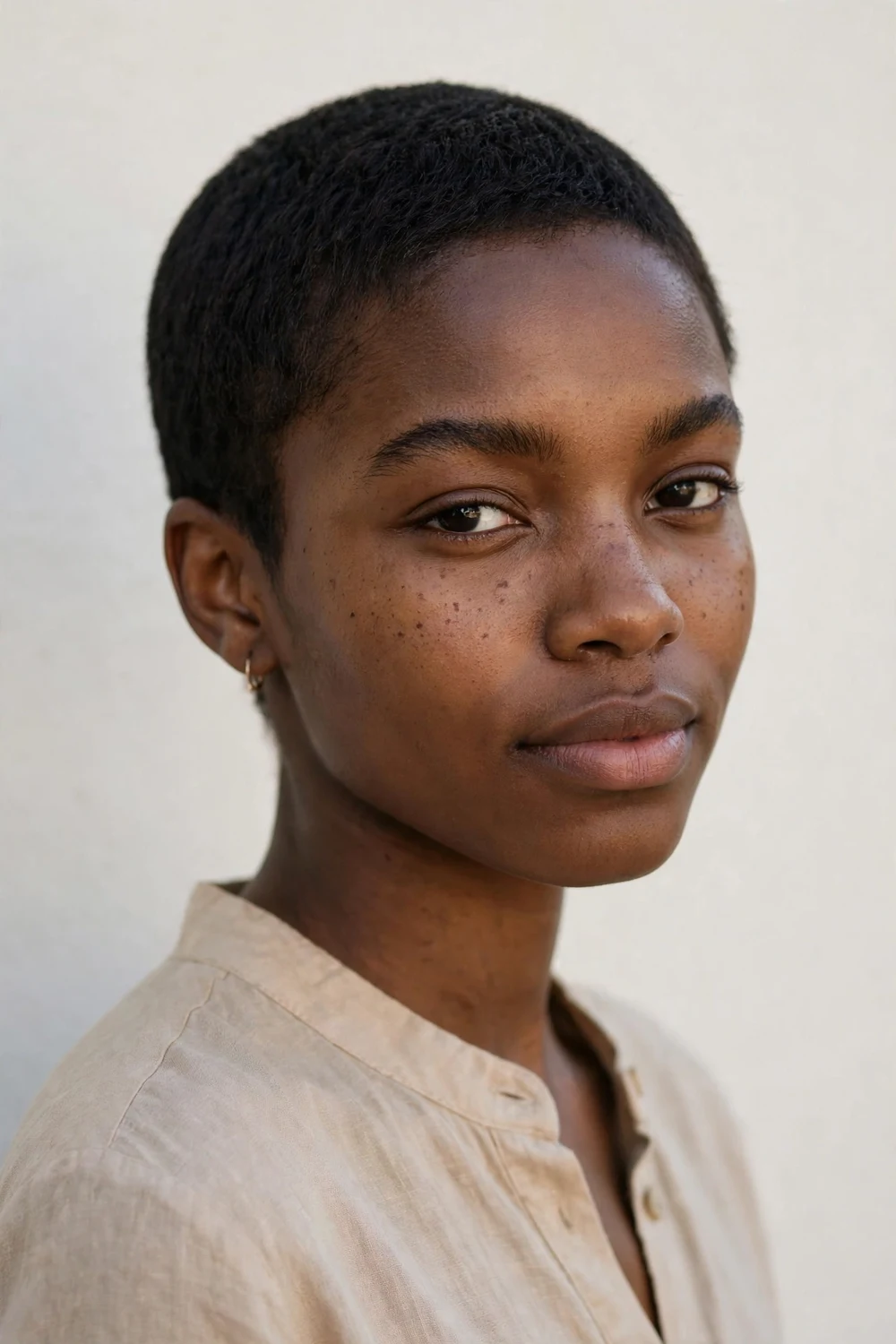 Young Black woman with a rounded very short pixie following the head shape