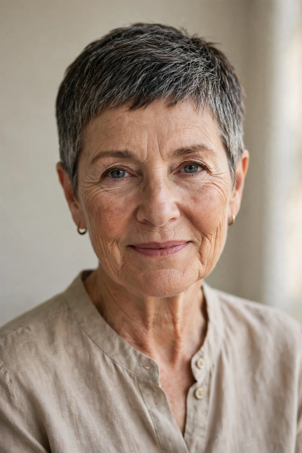 Mature woman in her 60s with a salt and pepper very short pixie and tapered sides