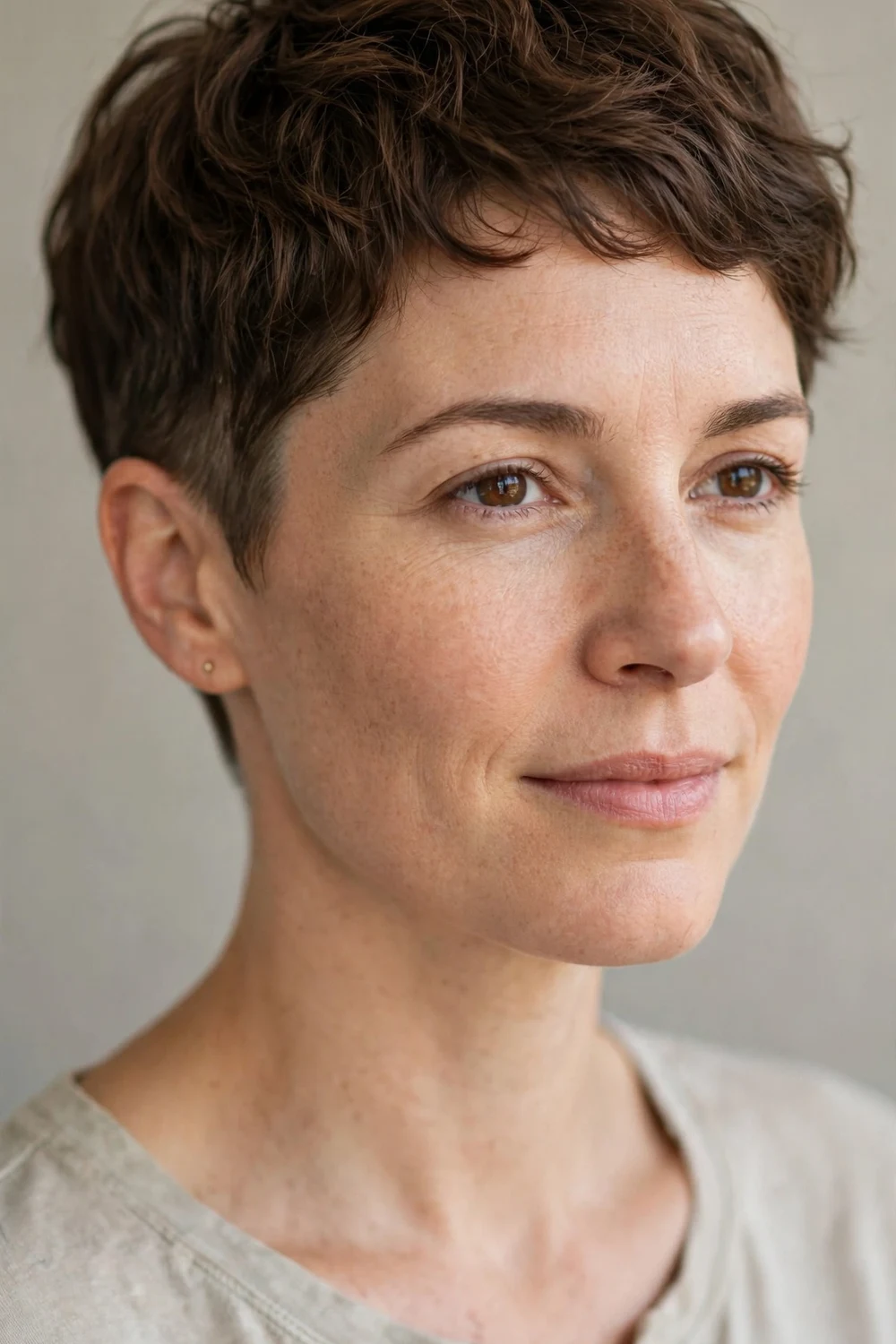 Woman in her 30s with a very short pixie and soft low taper fade around the ears