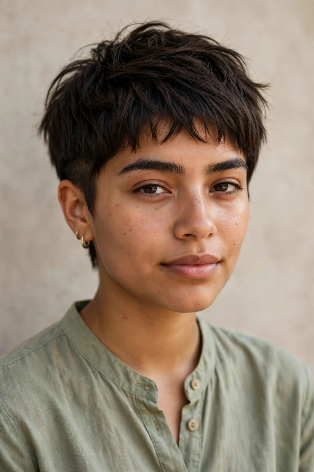 Young Latina woman with a shaggy very short pixie, razored layers and shaved sides