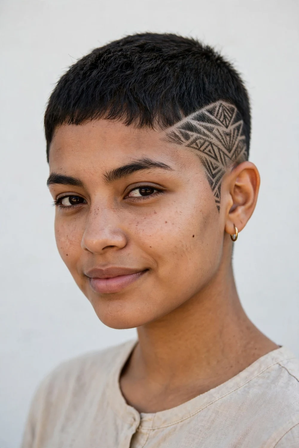 Young Latina woman with a very short pixie and geometric line design shaved into the fade