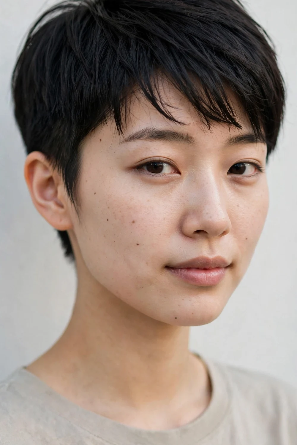 Young East Asian woman with a very short pixie, front section swept across the forehead