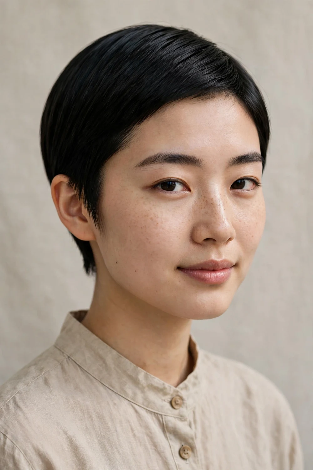 Young East Asian woman with a sleek smooth very short pixie hugging the head