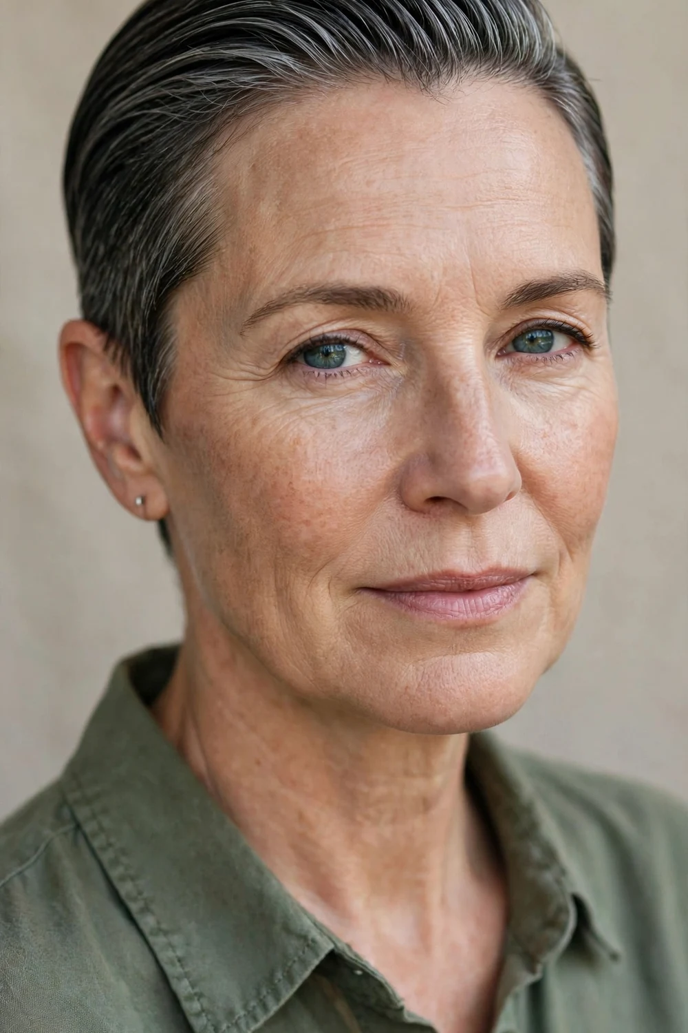 Mature woman with a slicked-back very short pixie and tapered sides