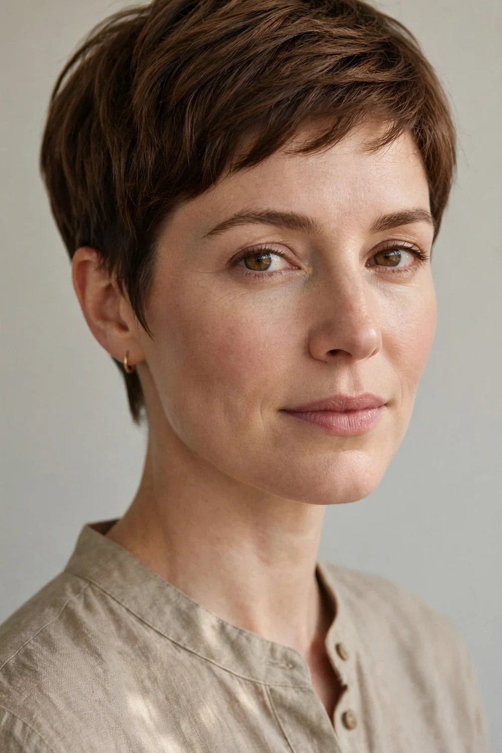 Woman in her 30s with a soft very short pixie and subtle hidden undercut