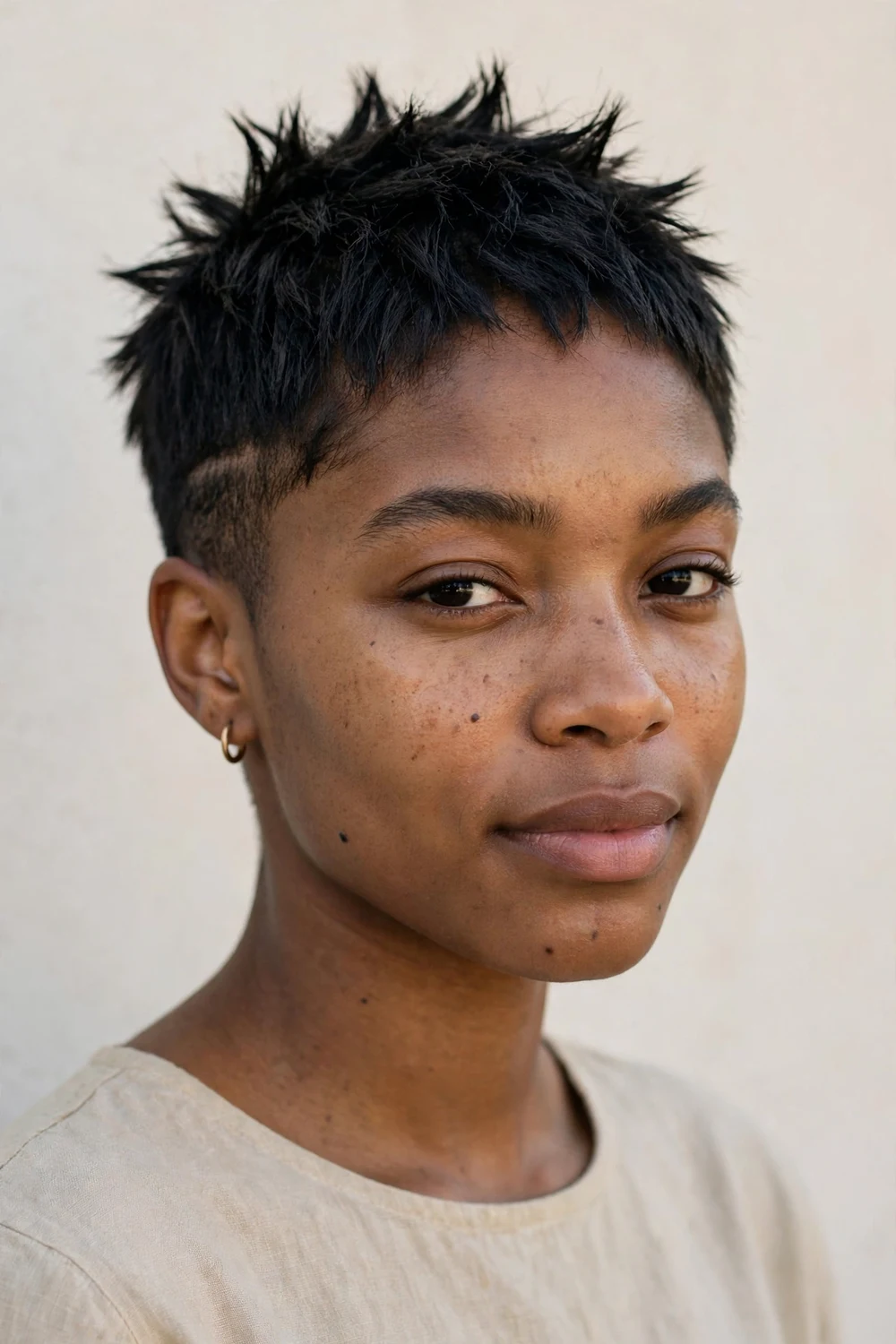 Young Black woman with a spiky very short pixie and faded sides