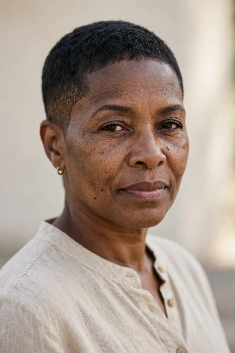 Mature Black woman with a very short pixie showing a clean tapered neckline at the nape