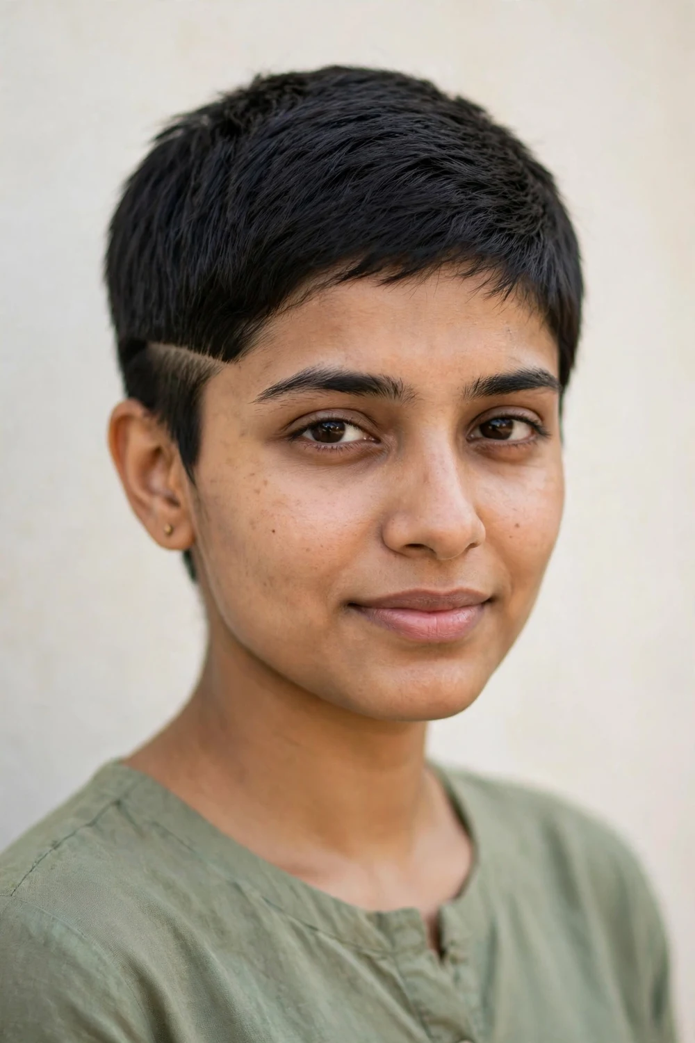 Young South Asian woman with a very short pixie and a shaved strip above one temple