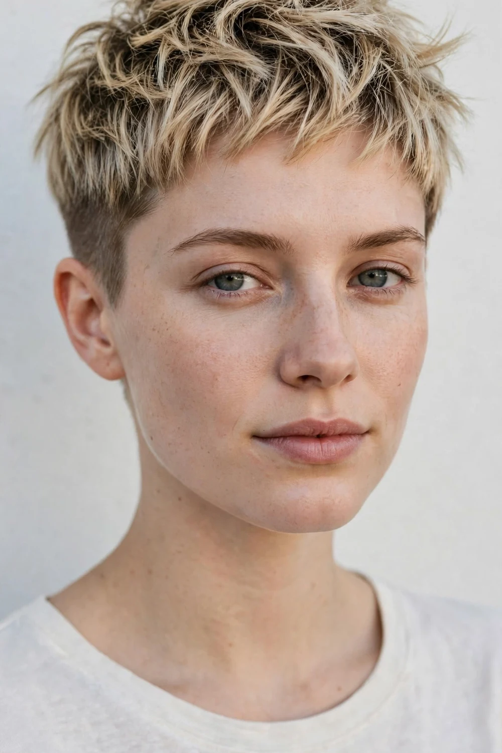 Young woman with a tousled messy very short pixie and short faded sides
