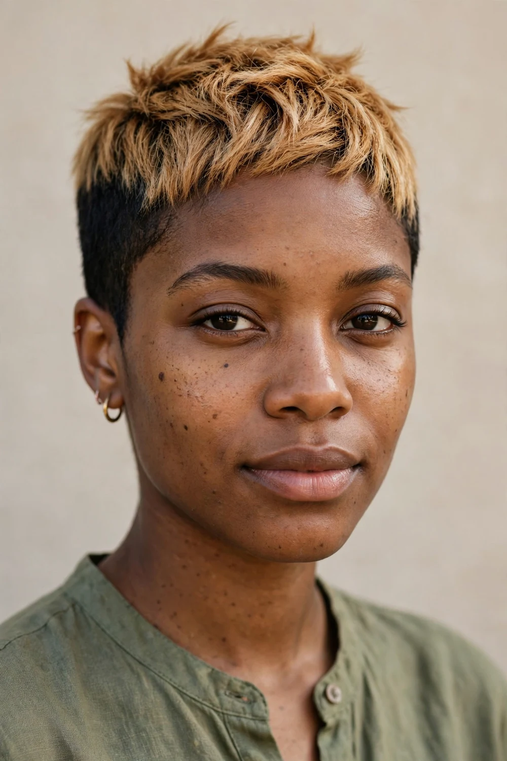 Young Black woman with a two-tone very short pixie, dark shaved sides and blonde top panel