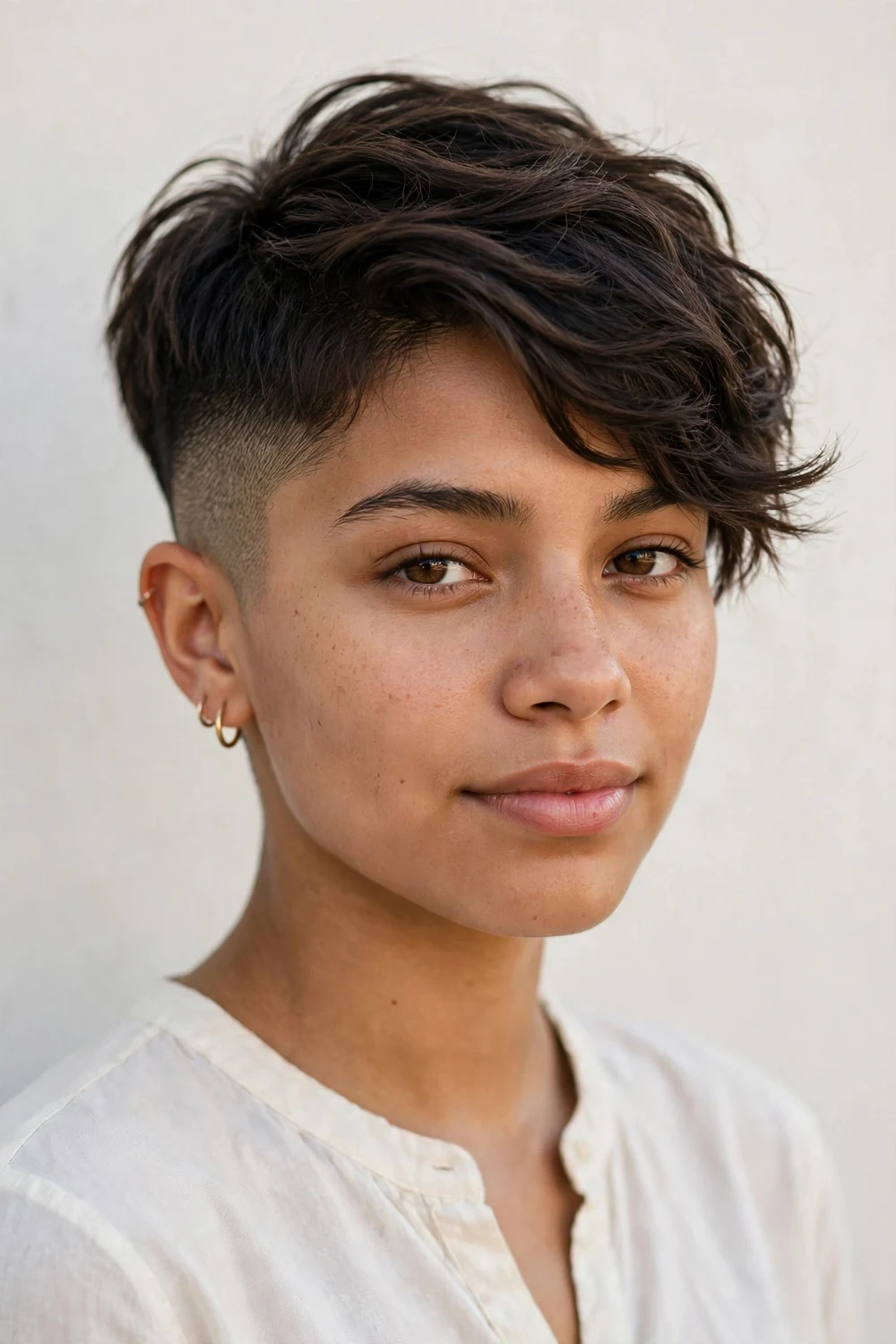 Young Latina woman with an undercut pixie, shaved sides and longer textured top swept aside