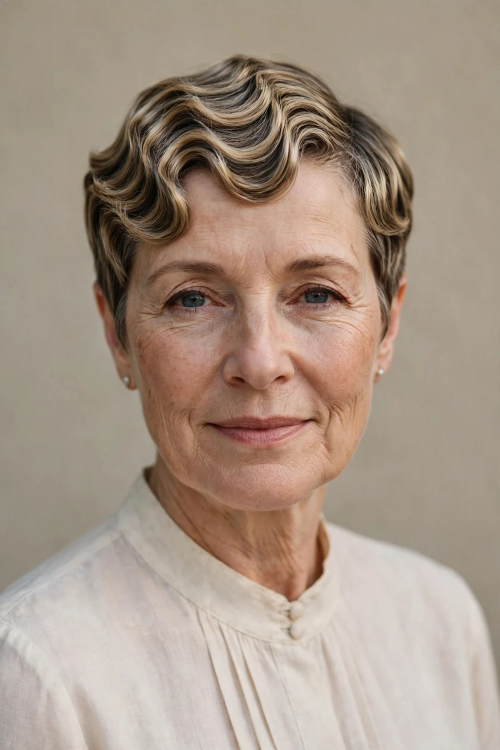 Mature woman with a vintage-inspired very short pixie with soft finger waves