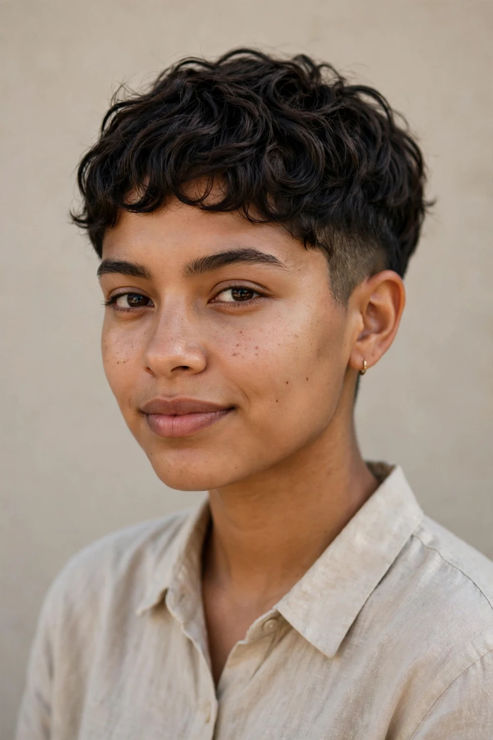 Young Latina woman with a wavy very short pixie and faded sides