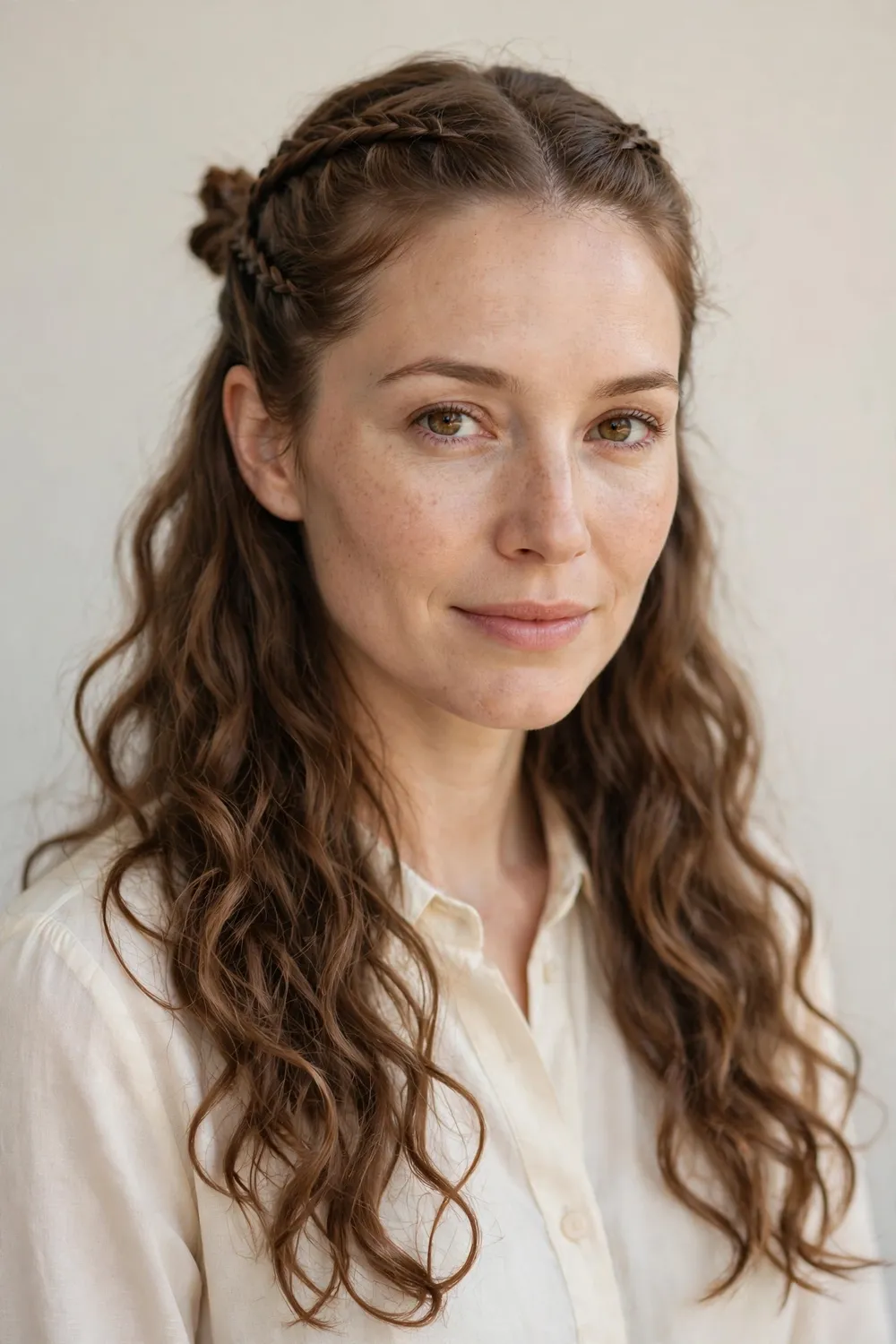 Woman with a braided half-updo, small braids pulled into a knot with loose curls