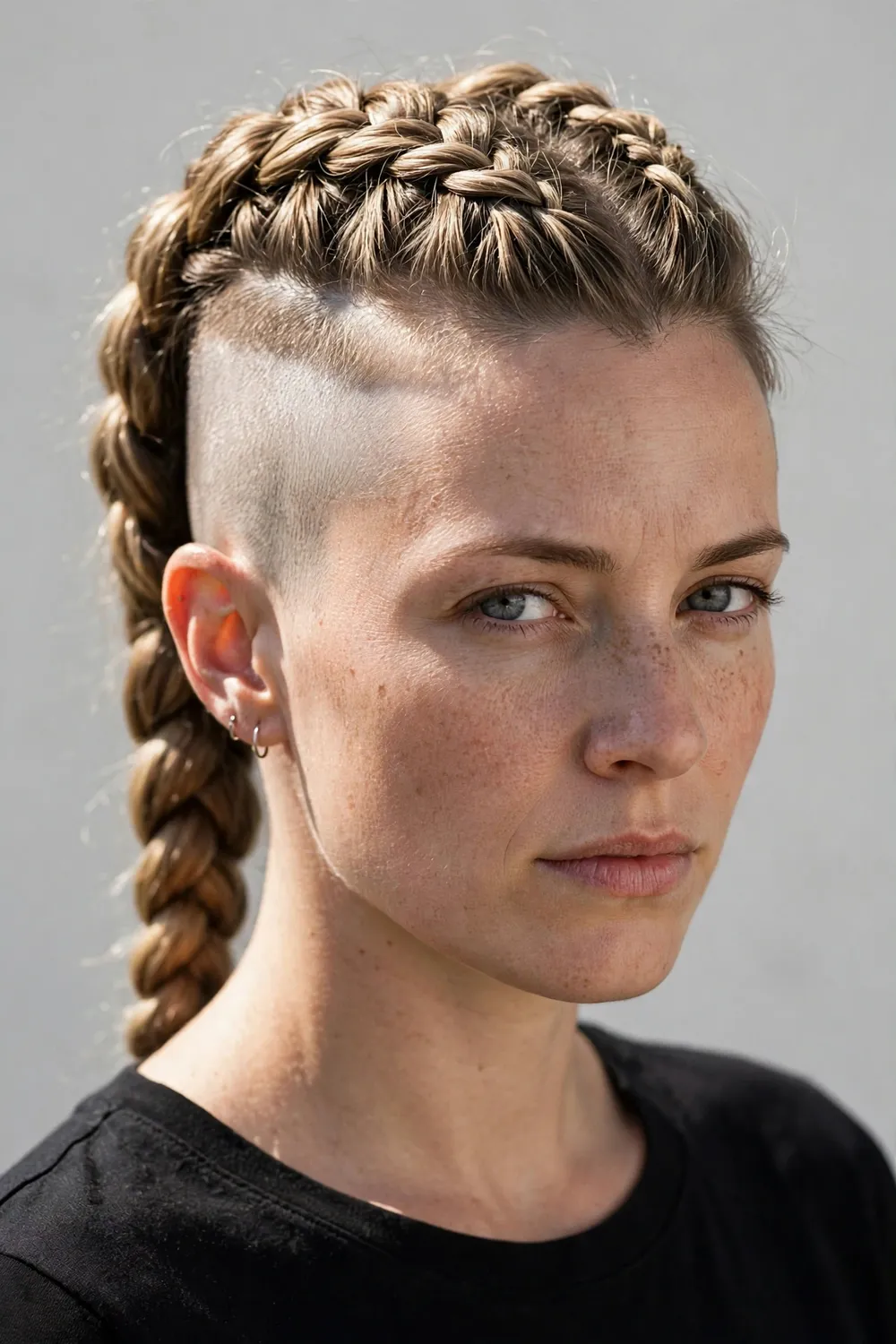 Woman with a braided viking undercut, shaved sides and long braided top