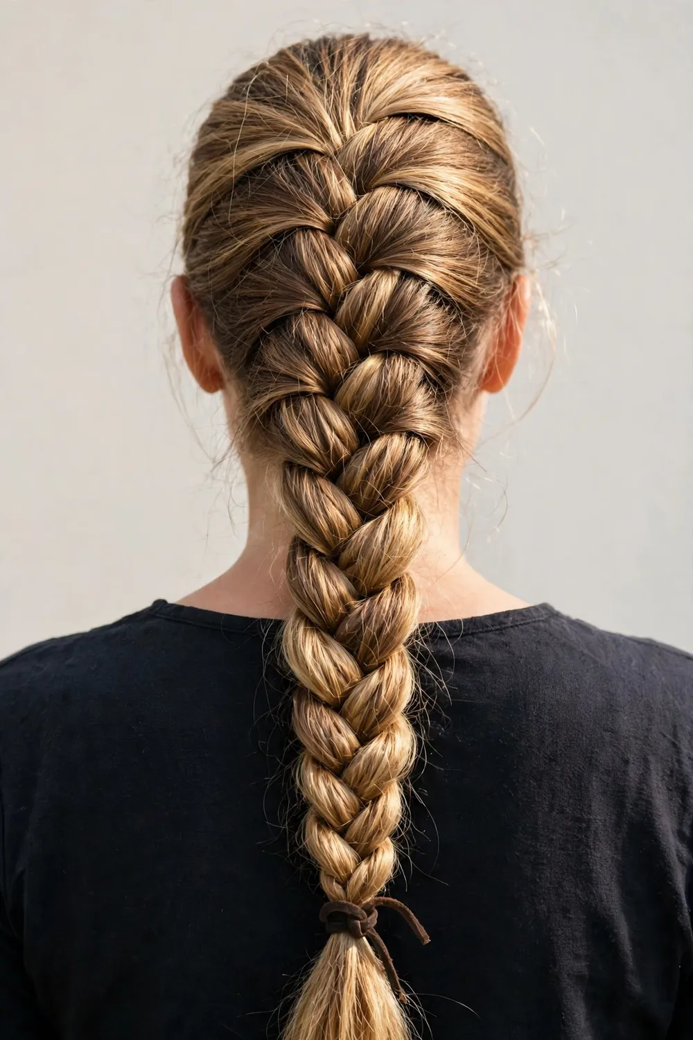 Woman with a single thick classic viking warrior braid down her back
