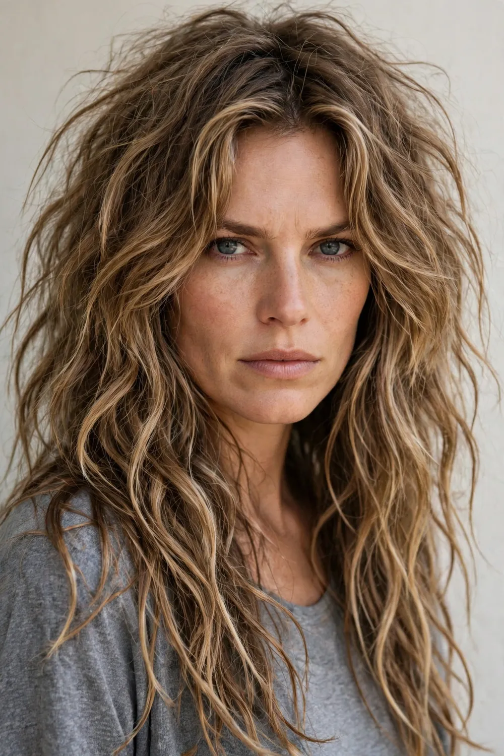 Woman with long shaggy freydis waves past her shoulders