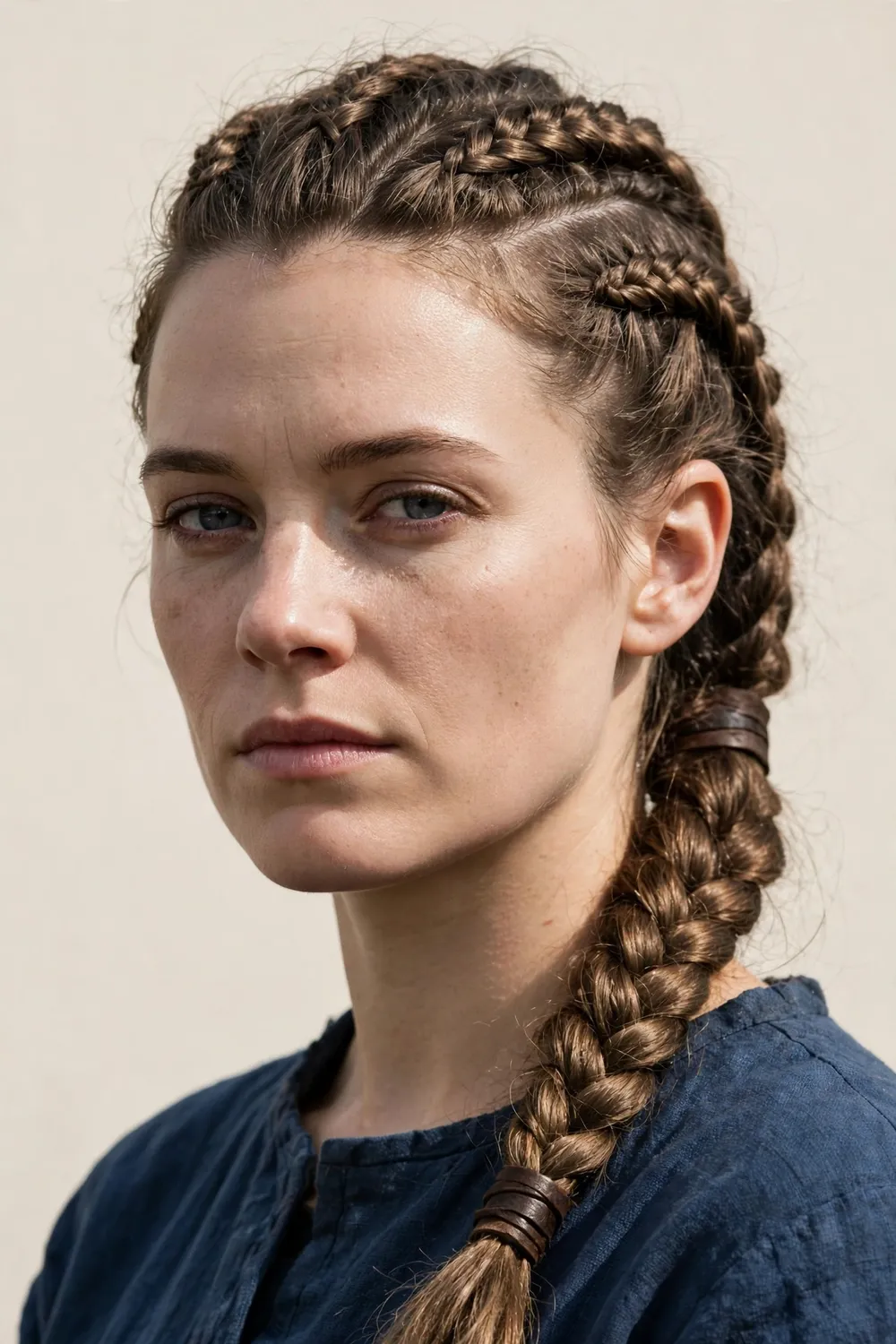 Woman with lagertha-inspired braids, mid-length braids pulled into a low ponytail