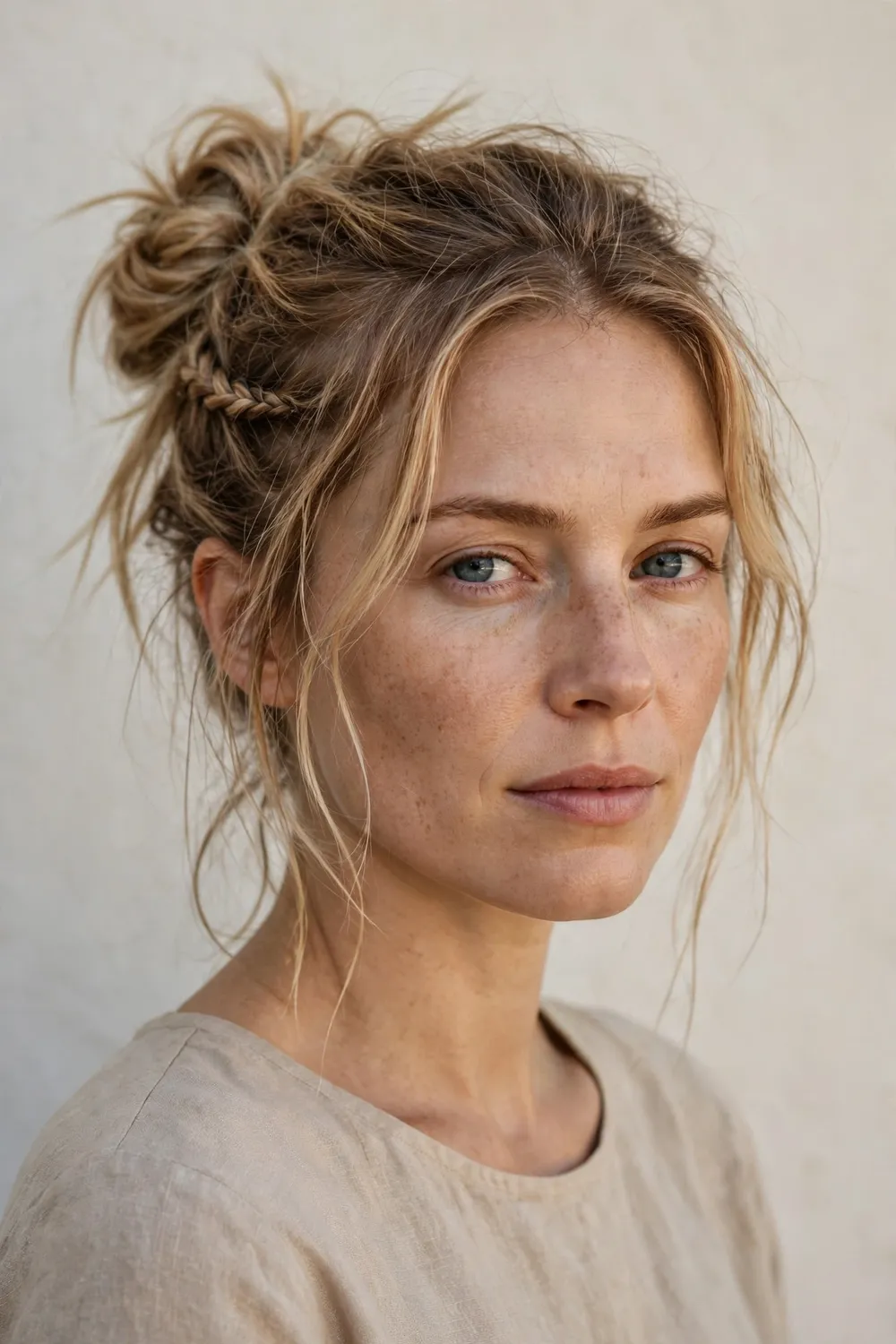 Woman with a loose messy viking bun and face-framing strands