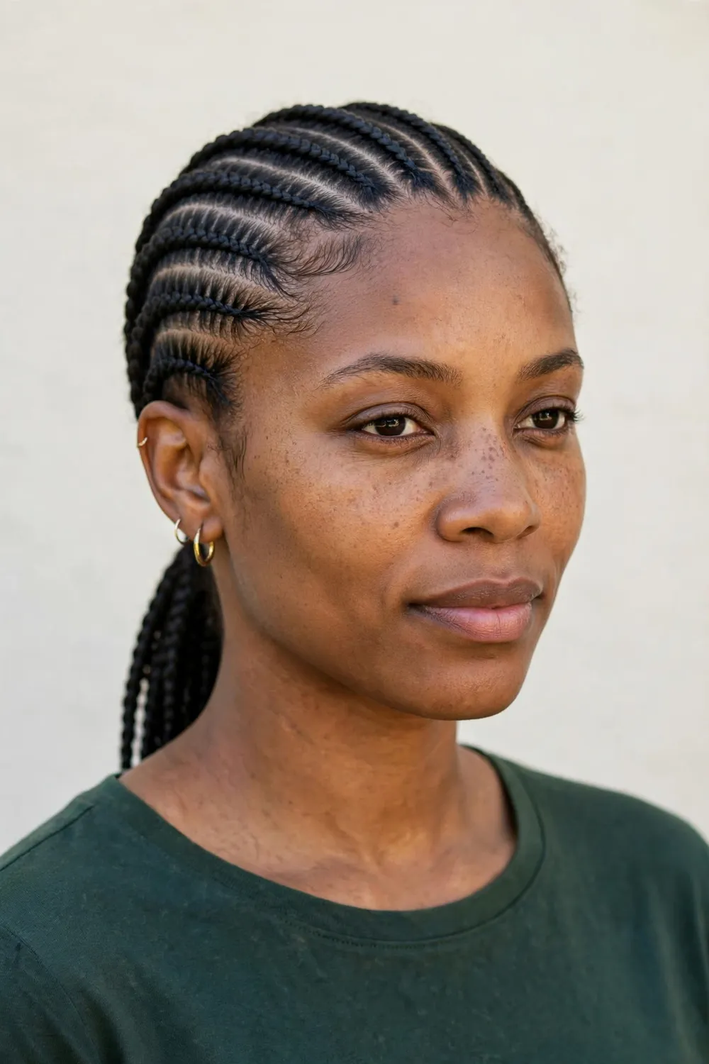 Woman with neat norse cornrows braided close to the scalp