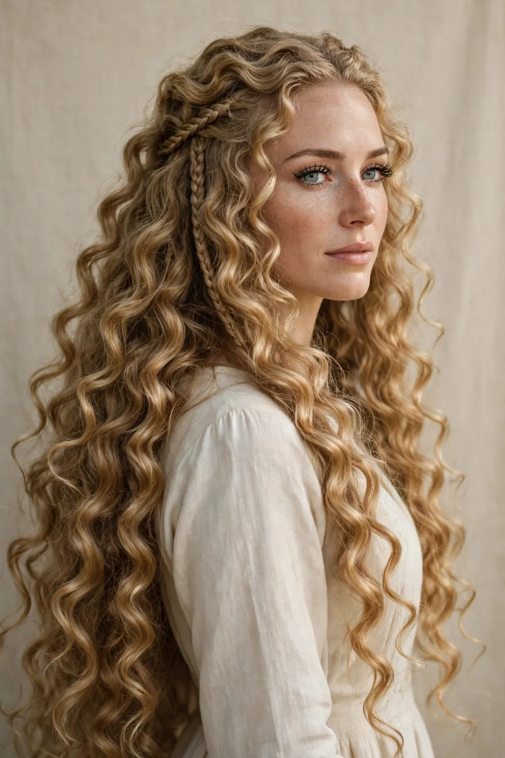 Woman with long flowing norse goddess curls cascading down her back