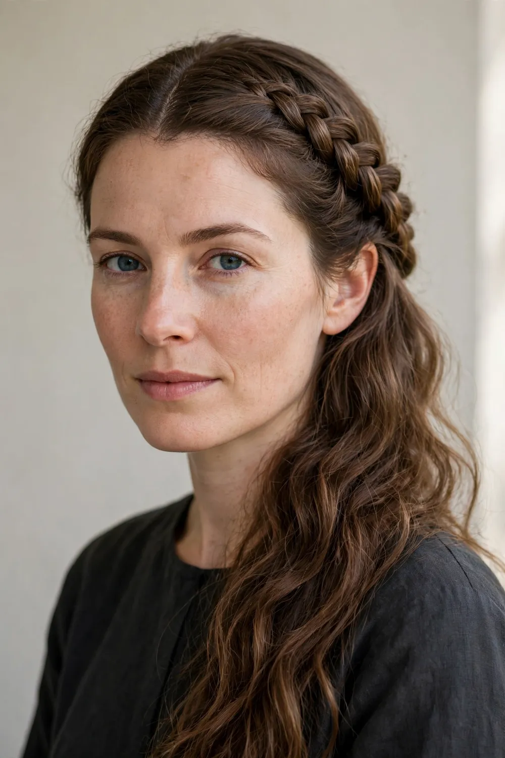 Woman with a chunky shieldmaiden side braid and loose wavy hair