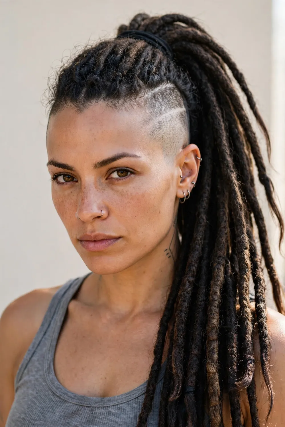 Woman with side-shaved hair and long dreadlocks pulled back