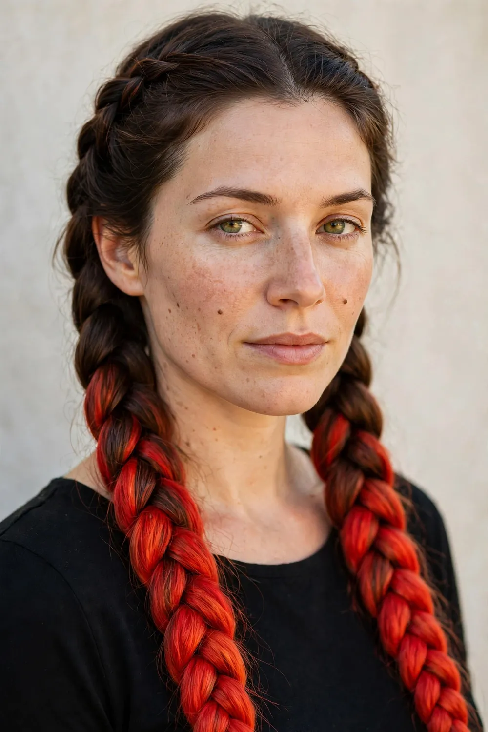 Woman with two-toned viking braids, dark roots with fiery red lengths