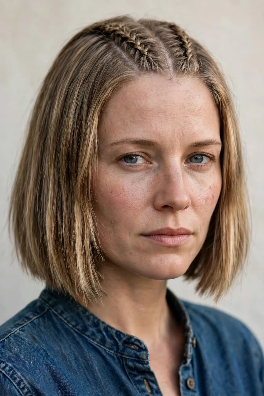 Woman with a shoulder-length viking bob with small braids woven in