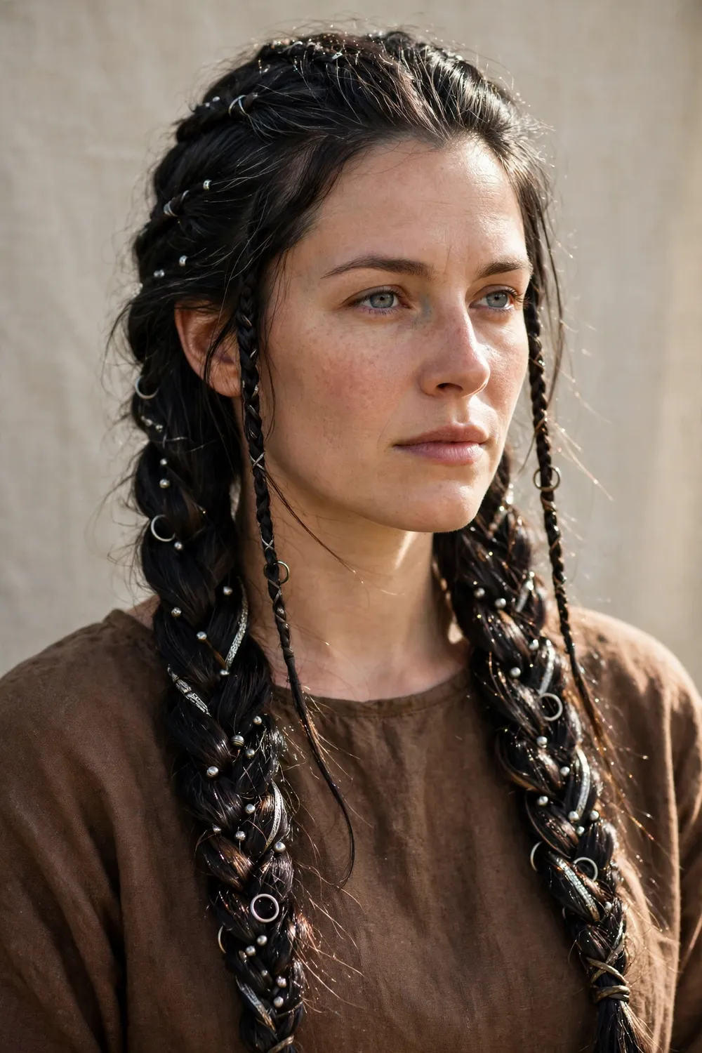 Woman with viking braids decorated with silver beads and metal rings