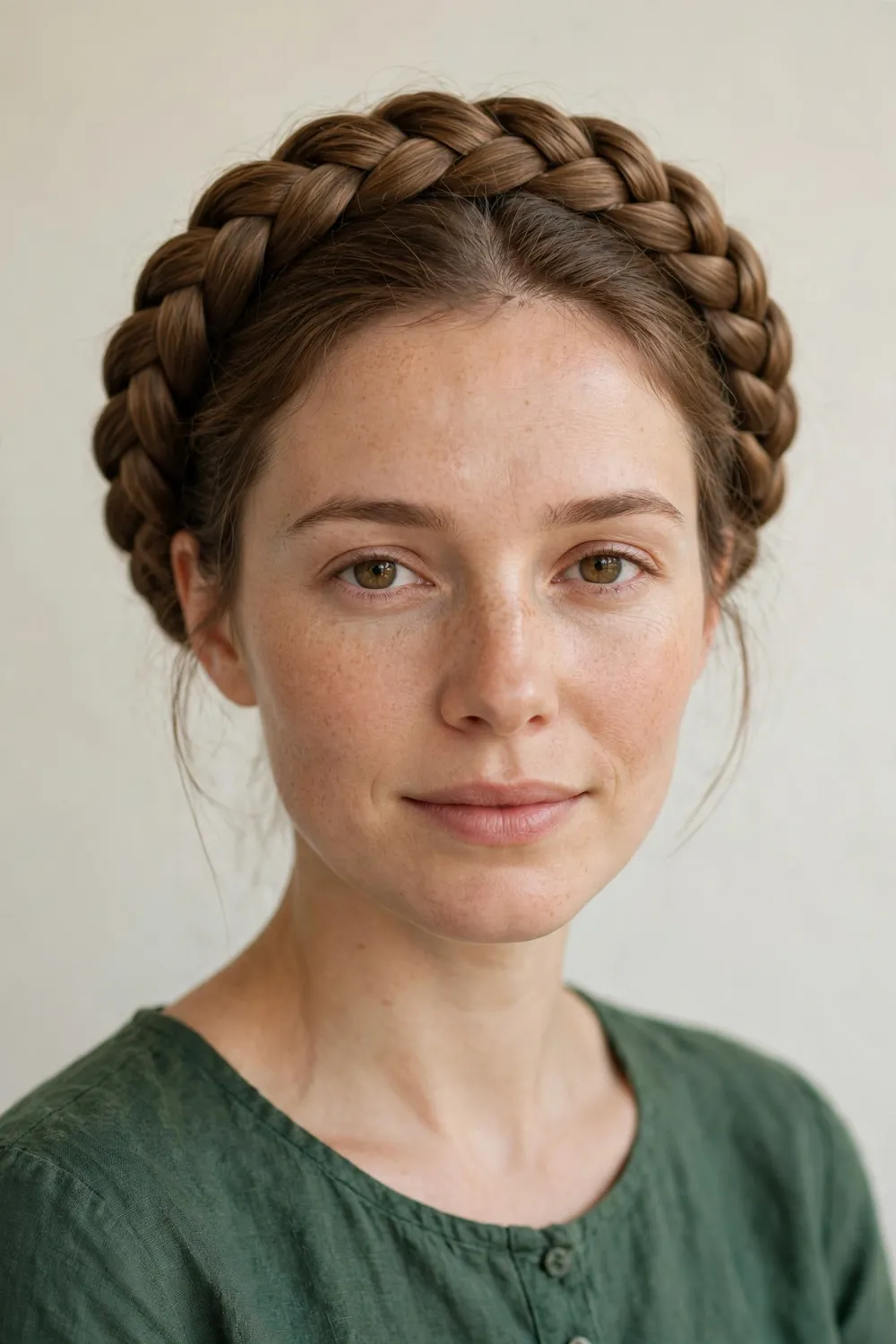 Woman with a braided crown circling her head like a halo