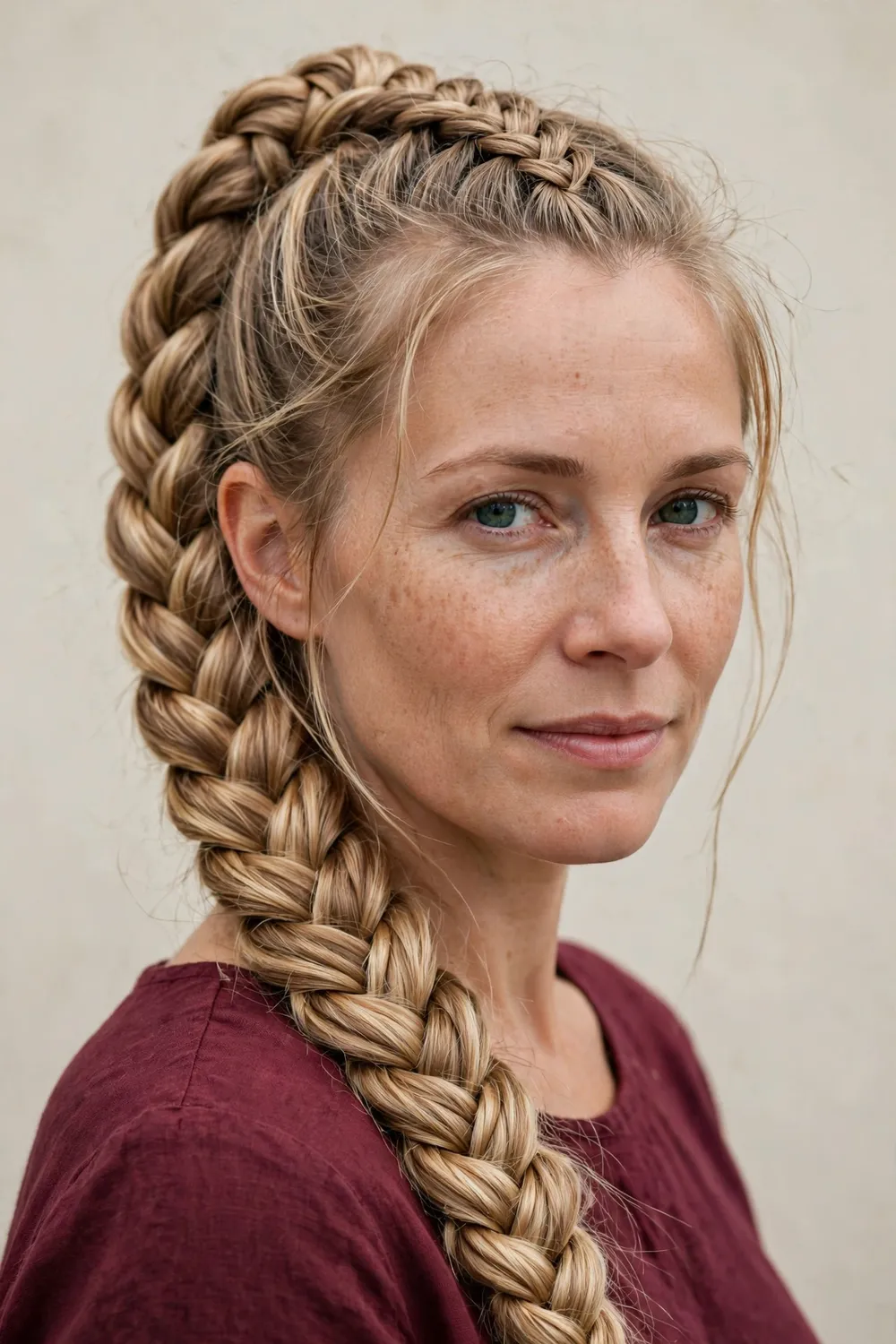 Woman with a thick viking fishtail braid starting at the crown