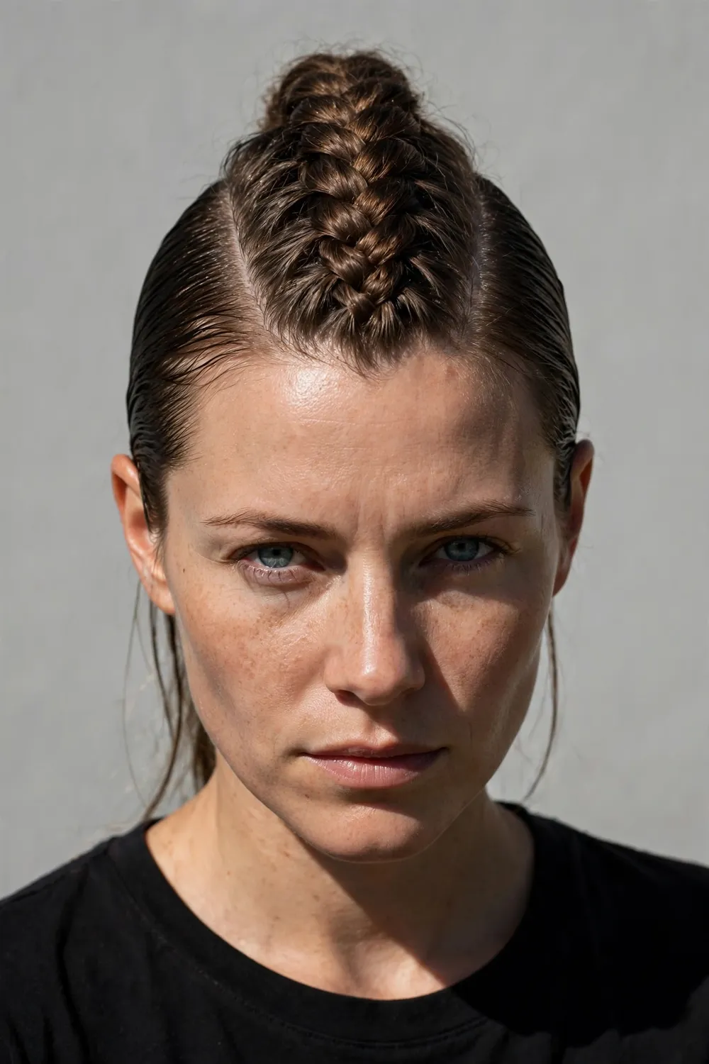 Woman with a viking mohawk braid, shaved sides and a braided crest down the center