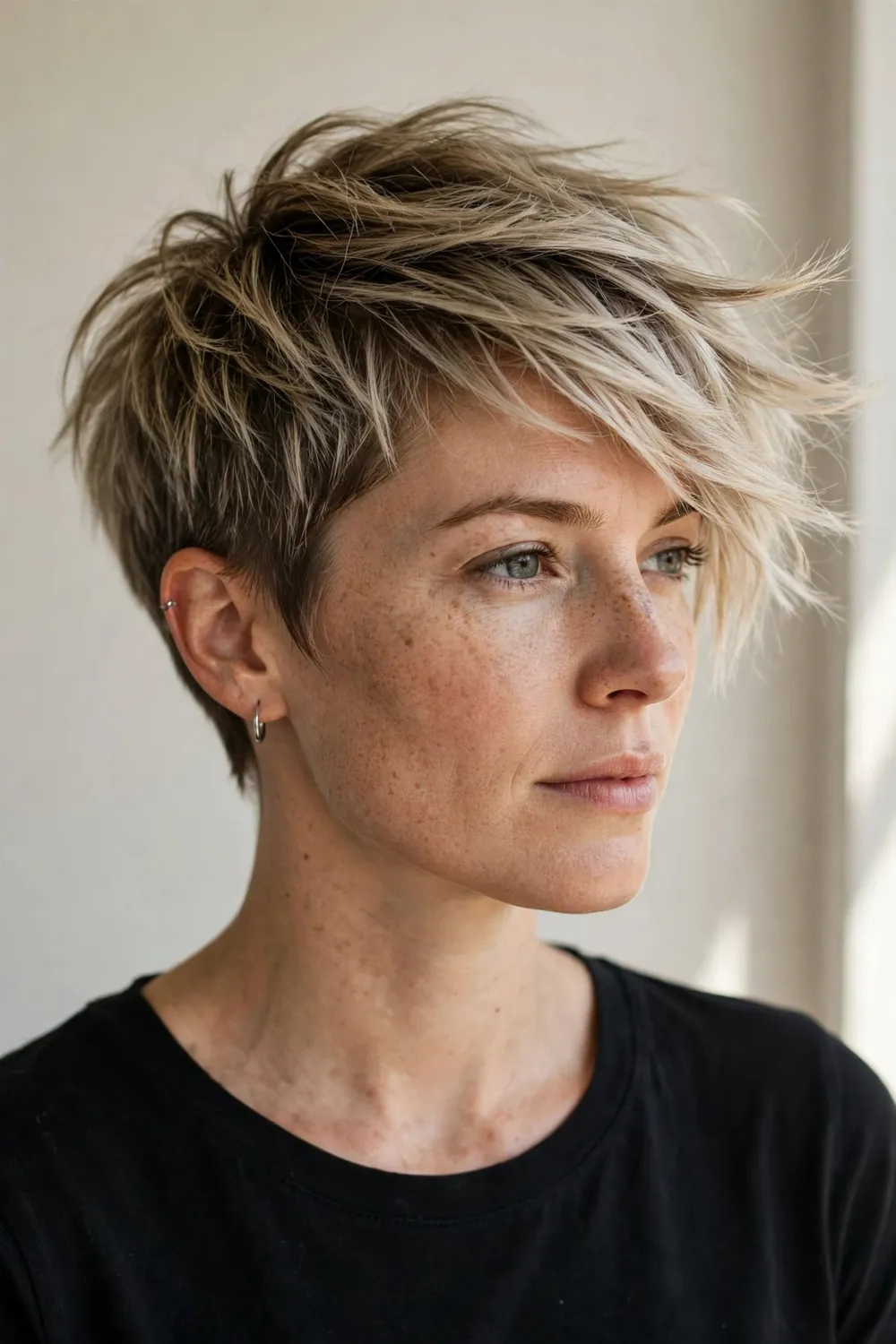 Woman with a textured viking pixie cut with choppy layers
