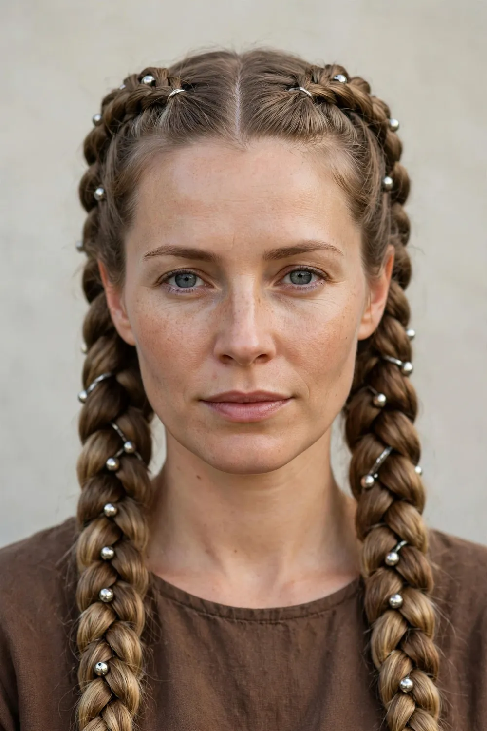 Woman with two thick viking valkyrie braids with metal beads woven in