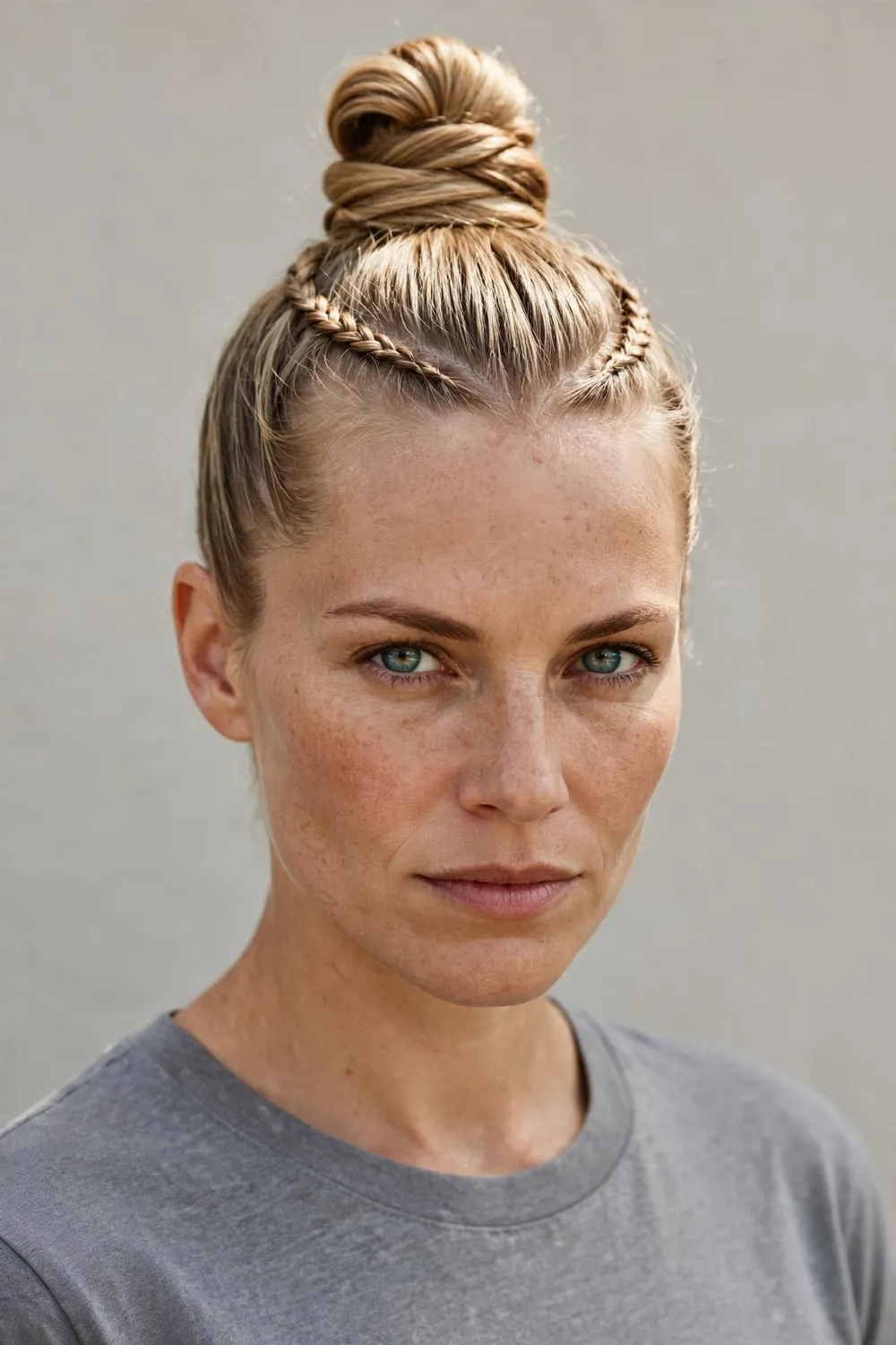 Woman with a high viking warrior top knot bun wrapped with small braids