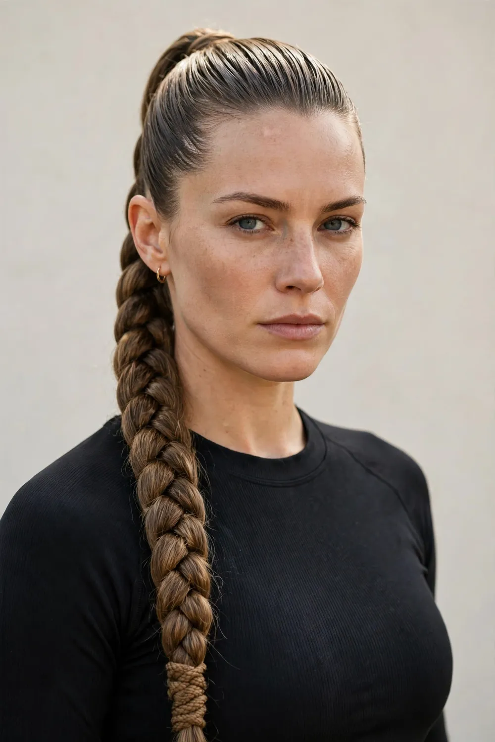 Woman with a high slicked viking warrior ponytail ending in a rope braid