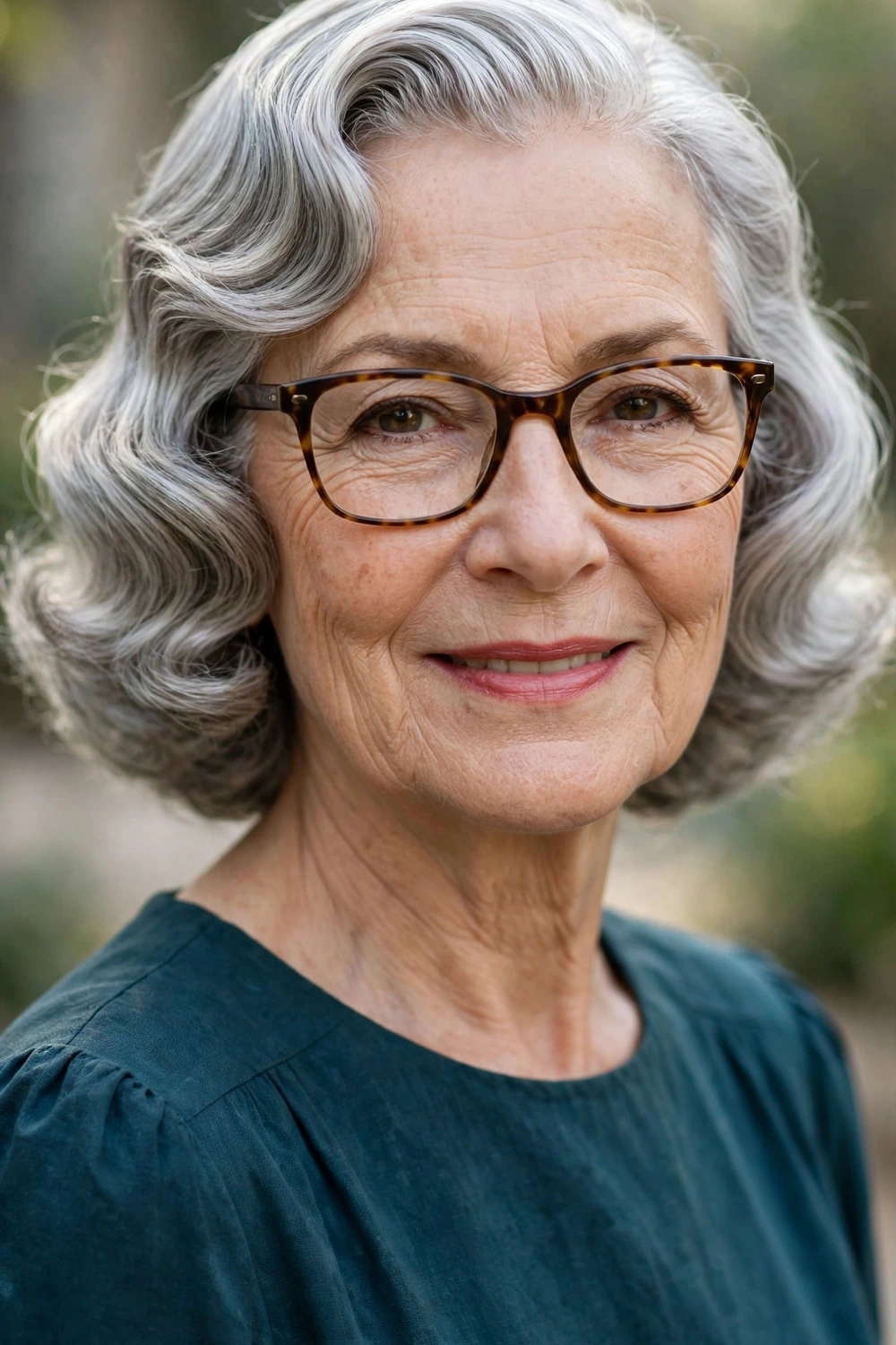 Vintage style bob on a woman over 60 wearing glasses