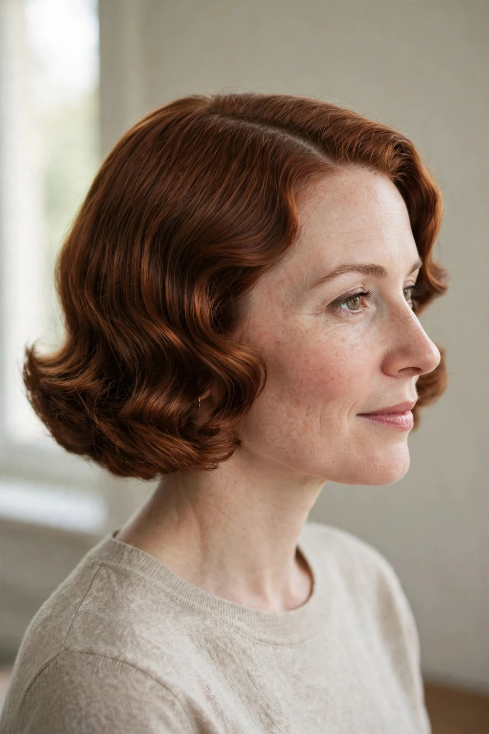 Woman with auburn hair in a vintage French bob with soft sculpted layers and side part