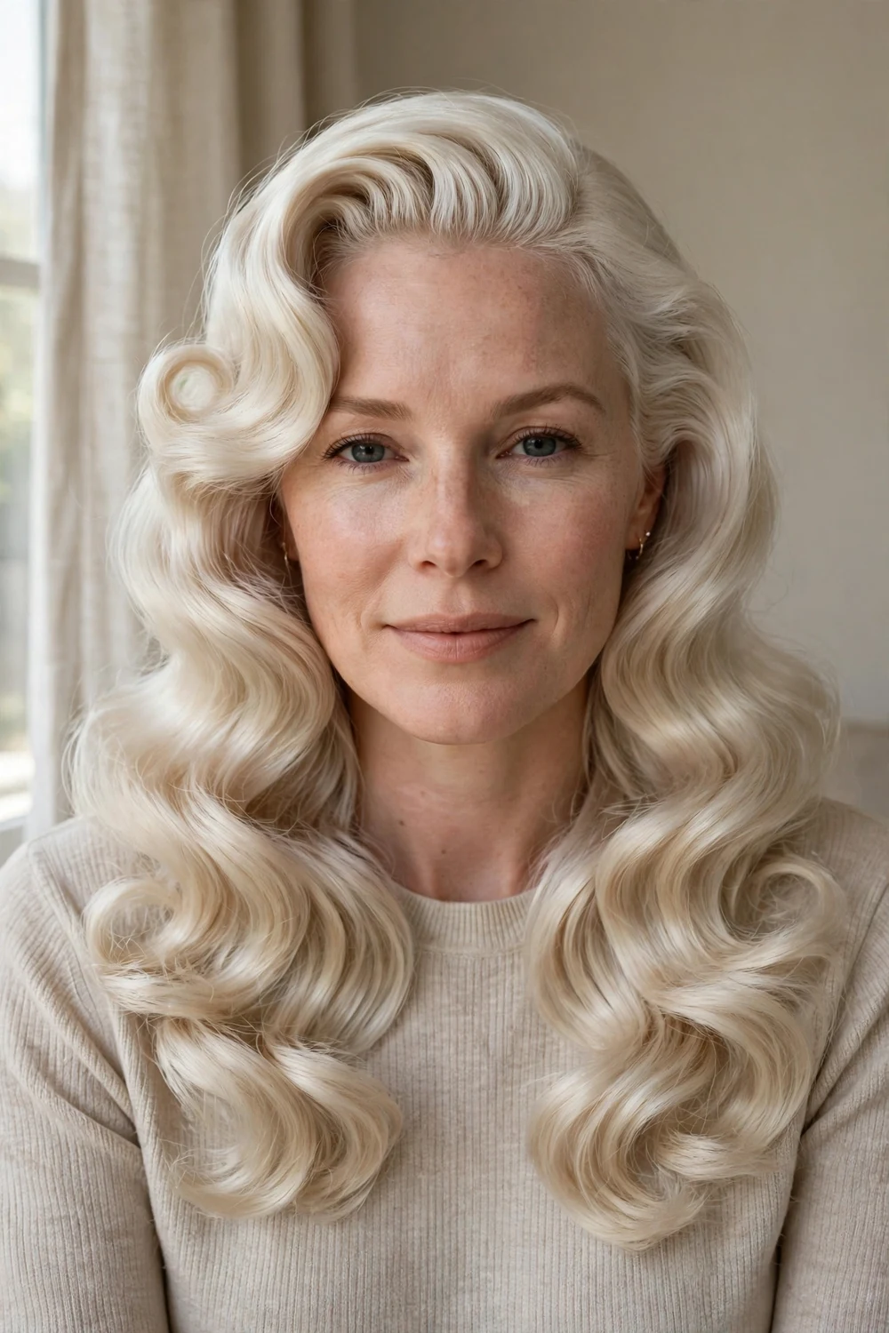 Woman with platinum blonde long hair in vintage Hollywood glamour curls