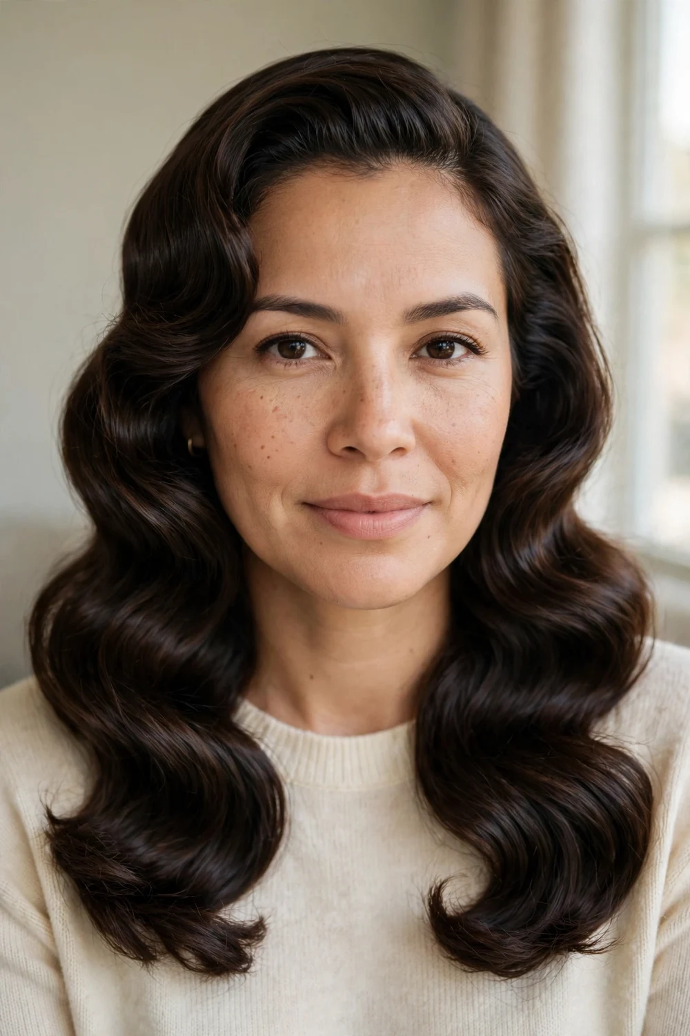 Woman with vintage Hollywood waves for Christmas long hair