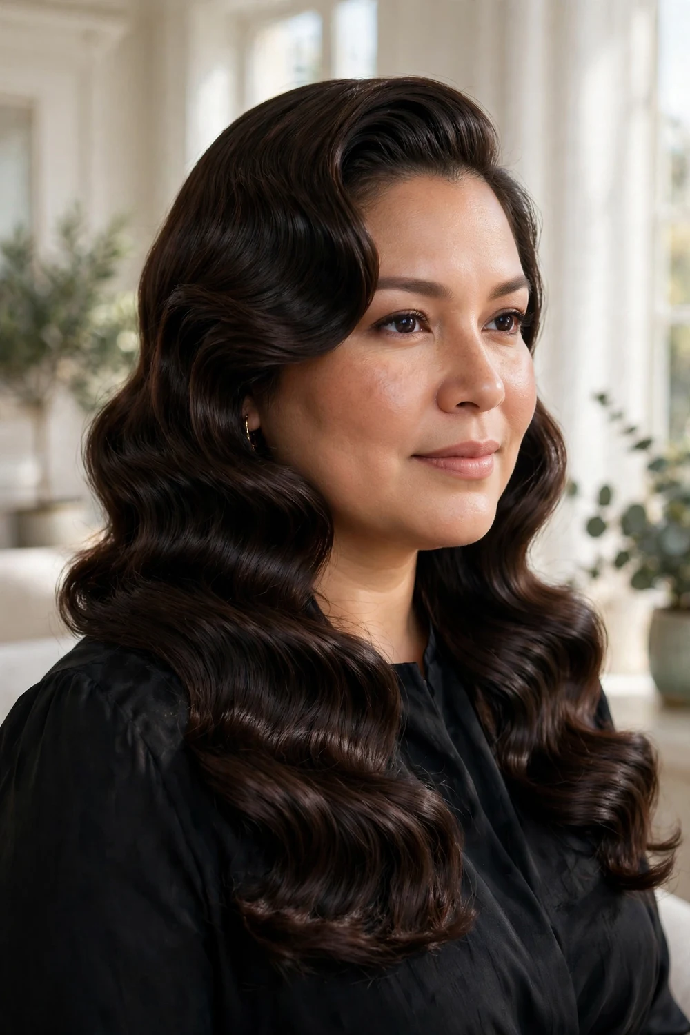 Woman with a round face and long dark-brown hair in polished vintage Hollywood waves swept to one side