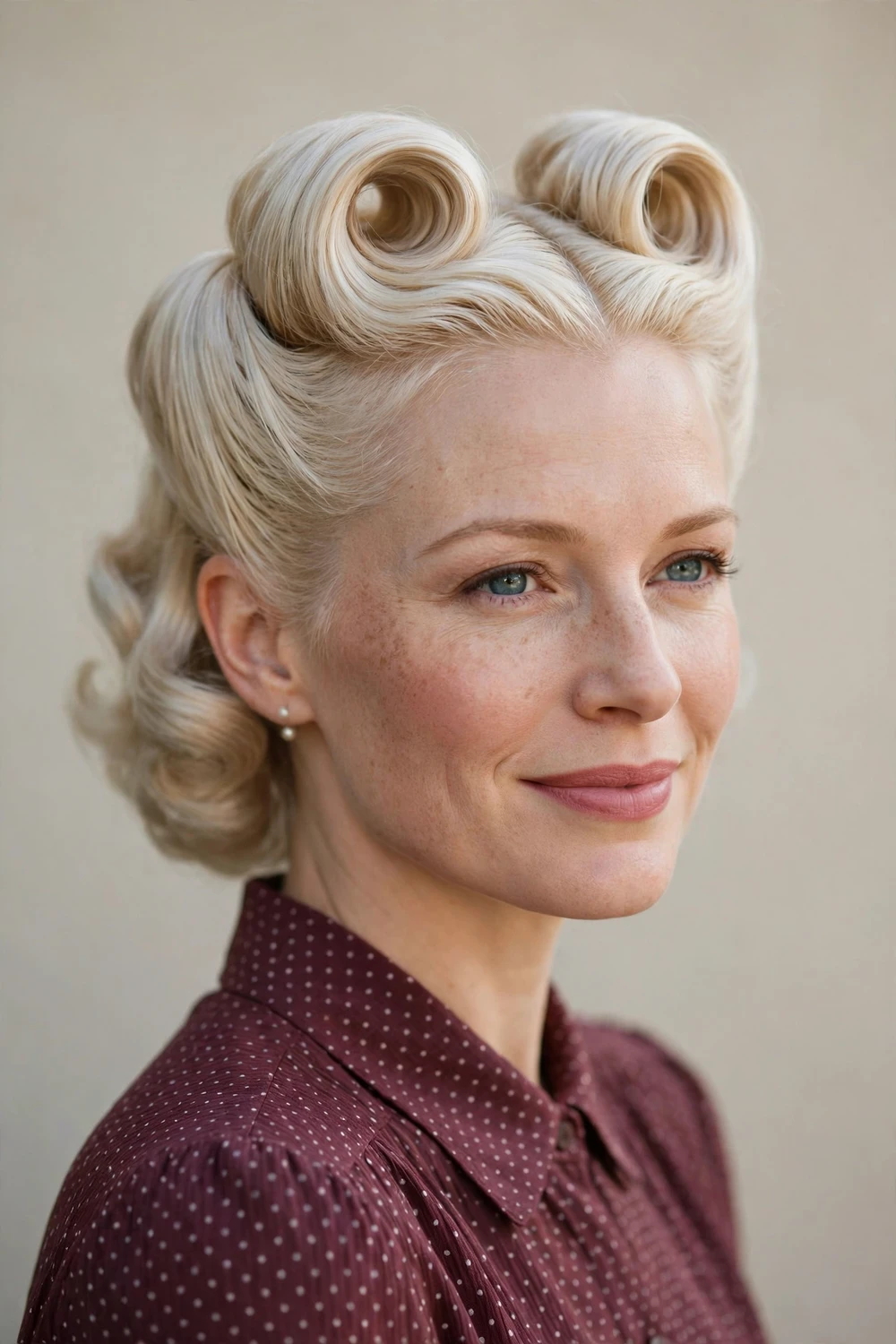 Woman with platinum blonde hair in a vintage 1940s victory rolls updo with two symmetrical rolls
