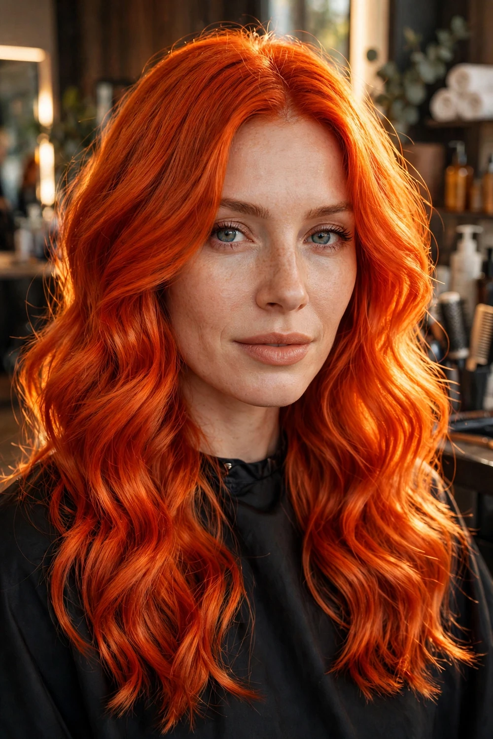 Woman with vivid intense copper hair, fiery lit-from-within glow