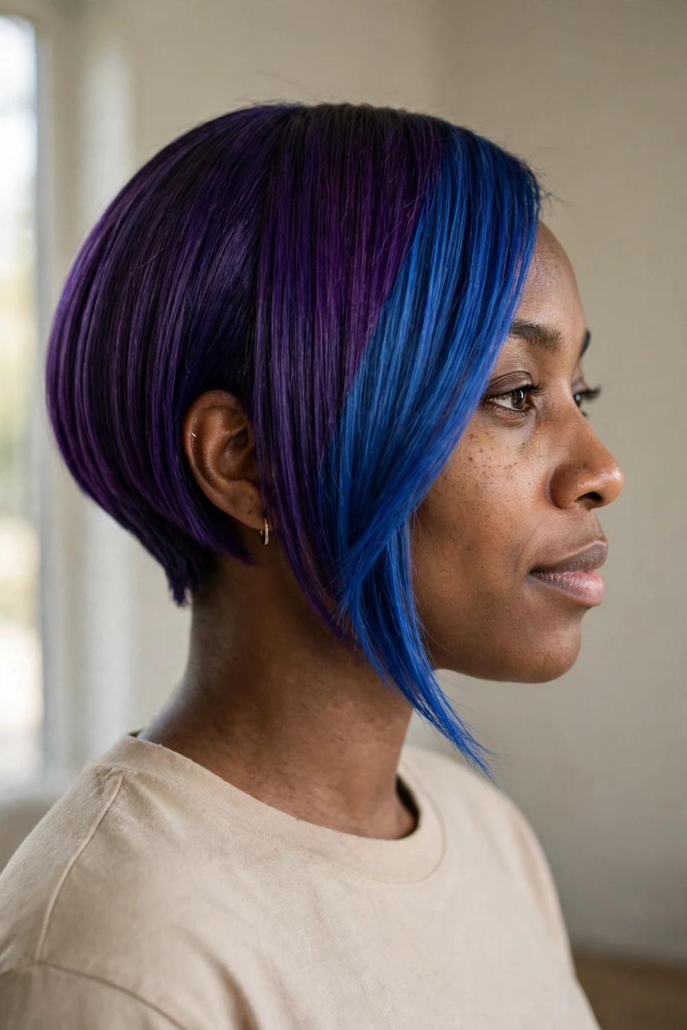 Black woman with vivid two-tone asymmetrical bob in contrasting bold colors