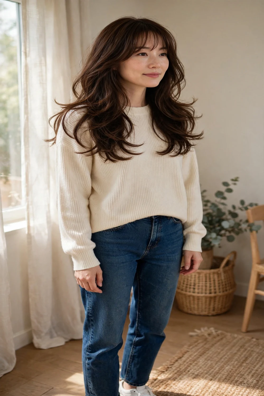 Wispy Bangs with Shoulder-Length Layers volume boosting haircut for fine hair