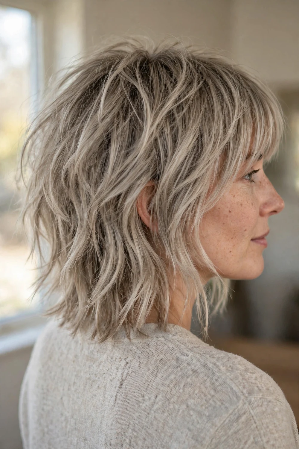 Choppy Midi with Curtain Bangs volume boosting haircut for fine hair