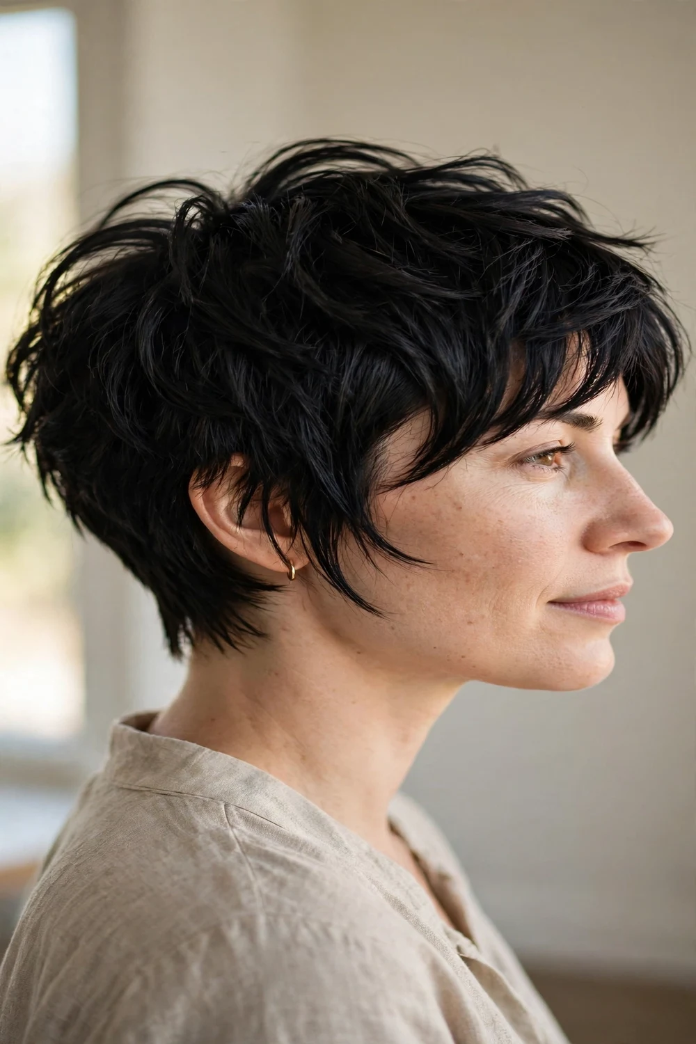 Edgy Pixie Bob with Swoopy Bangs volume boosting haircut for fine hair