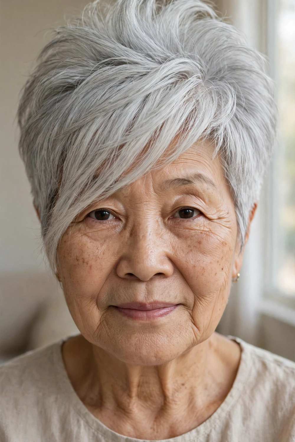 Volumetric pixie with long asymmetrical fringe for women over 70