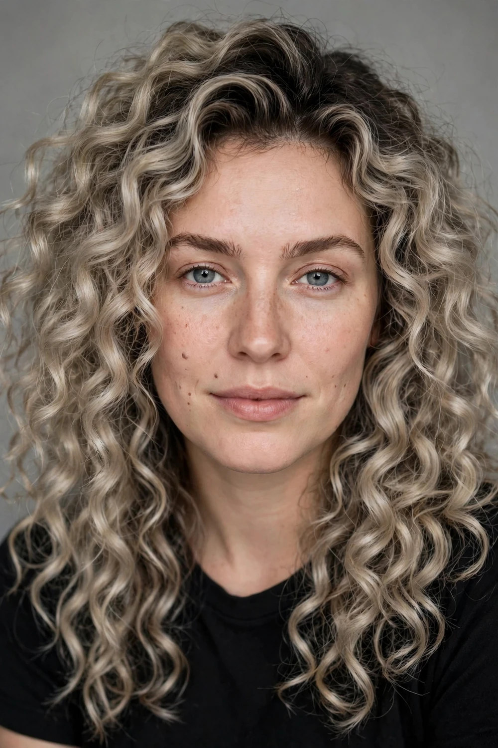 Voluminous ash blonde curls with rooted dark base
